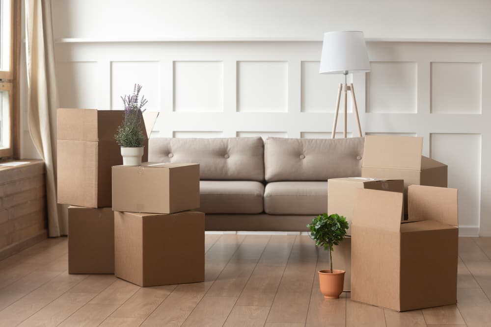 Moving boxes in a living room while considering self storage options.